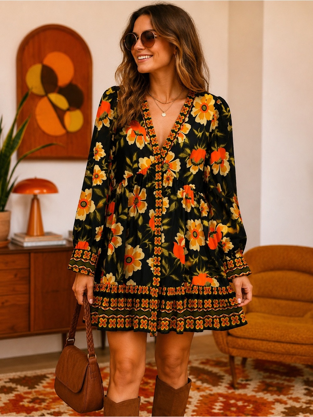 NWT Chelsea & Violet Floral Boho Mini Dress | Retro 70s-Inspired Long Sleeve